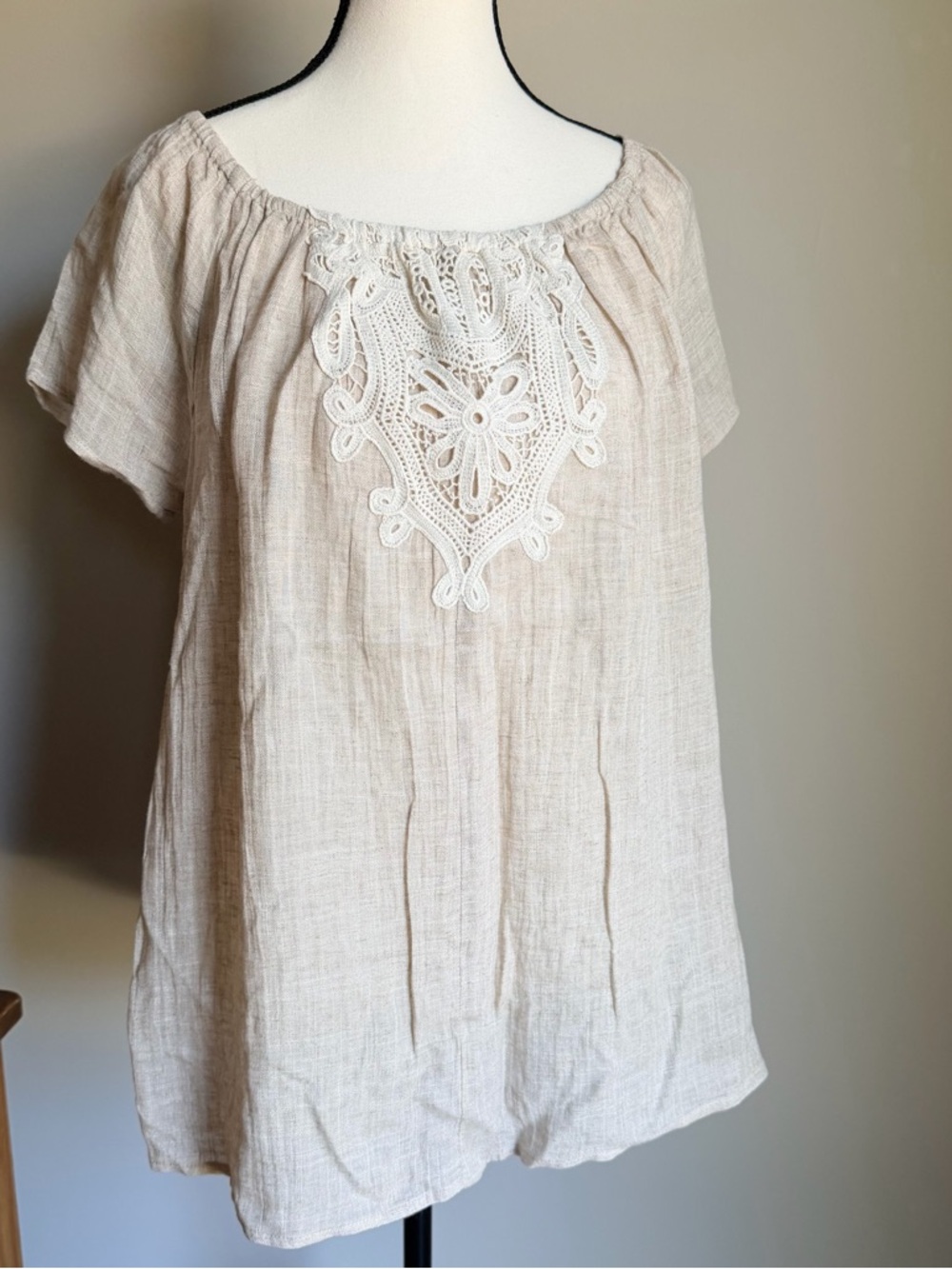 Embroidered Lace-Yoke Peasant Blouse in Beige
